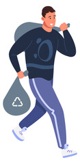Man carrying trash bags. Rubbish waste recycle