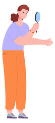 Woman look through magnify glass. Detective character