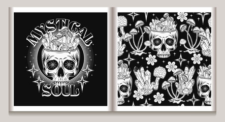 Surreal pattern, label with human skull, crystals, mushrooms, stars Concept of sacred spirit, magic, extended mind. For prints, clothing, t shirt, textile, surface design