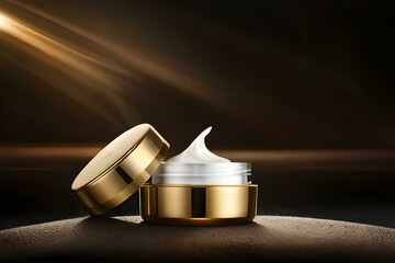 Face cream bottle with dark background and soft lights in golden tones. Created with generative Ai technology.