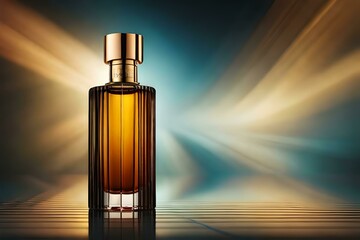 Naklejka premium Perfume bottle with dark background and soft lights in golden tones. Created with generative Ai technology.