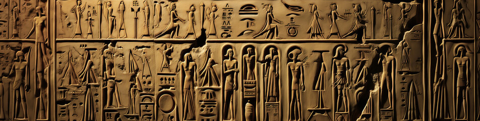 An ancient wall with damage and cracks. Various hieroglyphs and signs. Generative Ai