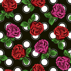 Pattern with big polka dot ornament, buds of roses of various size on black background. Simple, conspicuous, fashionable bright illustration. For prints, clothing, surface design.