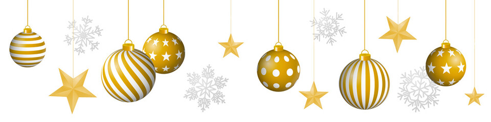 Seamless winter pattern with sumptuous hanging gold colored decorated christmas ornaments, golden stars and silver snowflakes on transparent background.