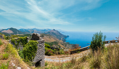 Summer Tyrrhenian sea coast view from San Biagio mountain hill (road to statue of Christ the Redeemer) and ancient town ruins, Maratea, Basilicata, Italy