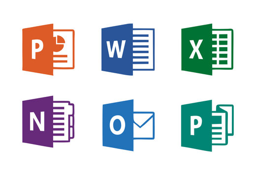 Microsoft office365 ms Word, Powerpoint, Excel, OneNote, Outlook and Publisher logo icon symbol png vector illustration isolated on transparent background 