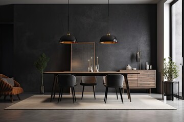 Interior of a dark living room with a sideboard, chairs, dining table, doors, and concrete floor. Concept for a calm and relaxing minimalist design. Generative AI