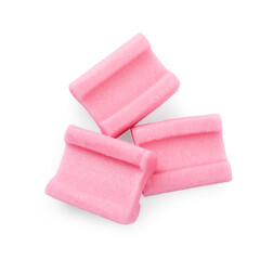 Obraz na płótnie Canvas Tasty pink chewing gums on white background, top view