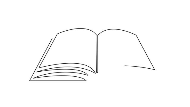 Opened book, one line art animation, hand drawn notebook continuous contour motion.Education studying concept outline, festive knowledge day video, minimalist design. 4k movie