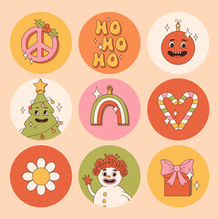 Groovy hippie Christmas stickers. Santa Claus, tree, smile, peace, rainbow in trendy retro cartoon style. Merry Christmas and Happy New year greeting card, poster, print, party invitation, background.