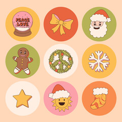 Groovy hippie Christmas stickers. Santa Claus, tree, smile, peace, rainbow in trendy retro cartoon style. Merry Christmas and Happy New year greeting card, poster, print, party invitation, background.