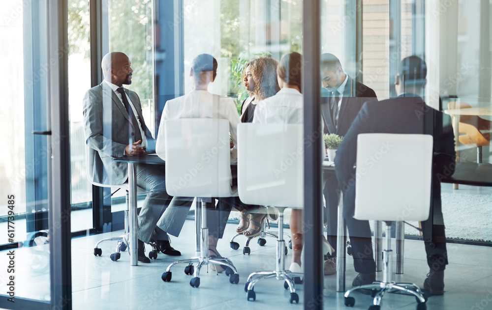 Poster Boardroom, discussion and teamwork with solution and leader at company for development. Ideas, feedback and employees with conversation for report with client at company for project or collaboration.
