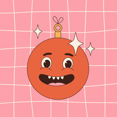 Groovy hippie Christmas stickers. Santa Claus, tree, smile, peace, rainbow in trendy retro cartoon style. Merry Christmas and Happy New year greeting card, poster, print, party invitation, background.