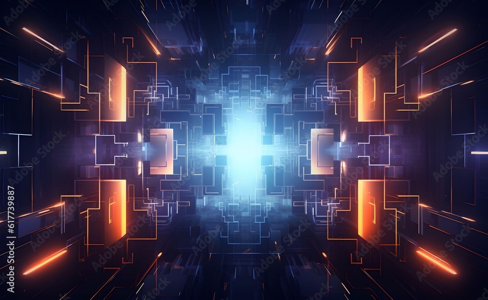 Poster futuristic design with glowing geometric shapes and abstract patterns. generative ai.