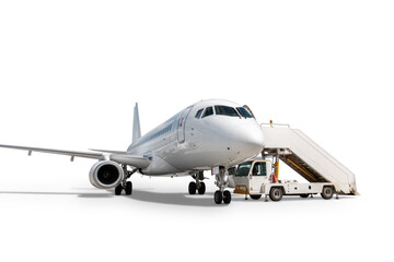 White passenger jet plane with boarding ramp isolated