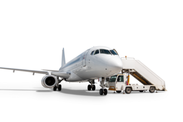 White passenger jet plane with boarding ramp isolated