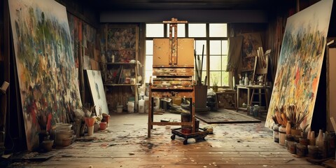 AI Generated. AI Generative. Vintage artist draw pain art room with equipment and easel. Motivational inspirational vibe. Graphic Art