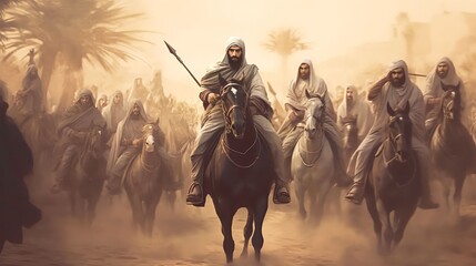 Fototapeta na wymiar ancient arab background design, moments soldiers arabian before entering the battleground
