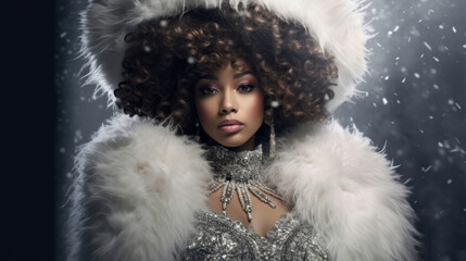 A stylish model in a glamorous winter outfit, adorned with fur, sequins, and jewels, exuding elegance and opulence for a luxurious Christmas design. Generative AI