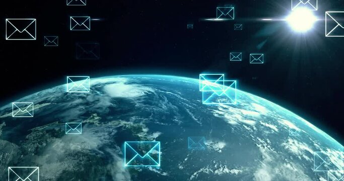 Animation of email icons and data processing over globe