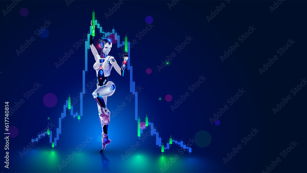 Poster Robot trader. AI for automation trading on stock market. Artificial intelligence develops trading strategy on stock exchange. Neural network in image robot or cyborg woman analyzing financial charts.
