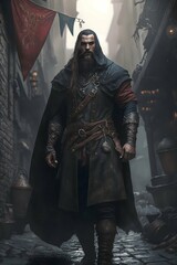 a full body shot of a male viking themed assassin wearing dark clothes In the background is a dirty medieval street dungeons and dragons style 