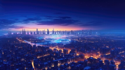 Naklejka premium Abstract background of high speed global data transfer and super fast broadband in futuristic tech city at night - Generative AI illustration