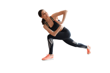 Fitness woman doing forward lunge exercises on a transparent background
