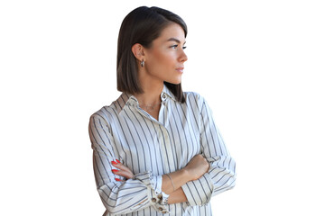Attractive business woman in smart casual wear looking away while standing on a transparent background