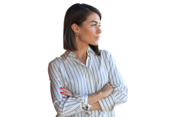 Attractive business woman in smart casual wear looking away while standing on a transparent background