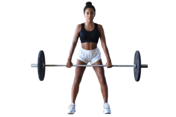 Muscular woman working out in gym doing exercises with barbell at biceps on a transparent background.