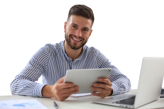 Happy young business man is analizing financial documents using his tablet on a transparent background - Powered by Adobe