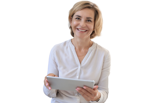 Cheerful middle aged woman standing and looking at screen, reading good news in social network, shopping or chatting online on a transparent background