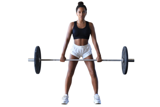 Muscular woman working out in gym doing exercises with barbell at biceps on a transparent background.