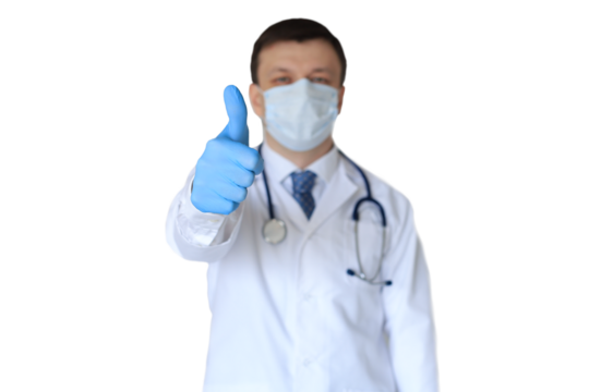 Male doctor in face mask showing thumbs up sign with his hand on a transparent background - Powered by Adobe