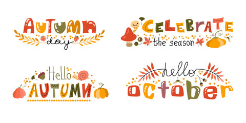 Set of handwritten stickers for fall season slogans. Autumn phrases with cute and cozy design elements.