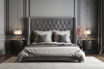 Interior of a luxurious gray bedroom with a king sized bed and a closet in the distance. a mockup. Generative AI