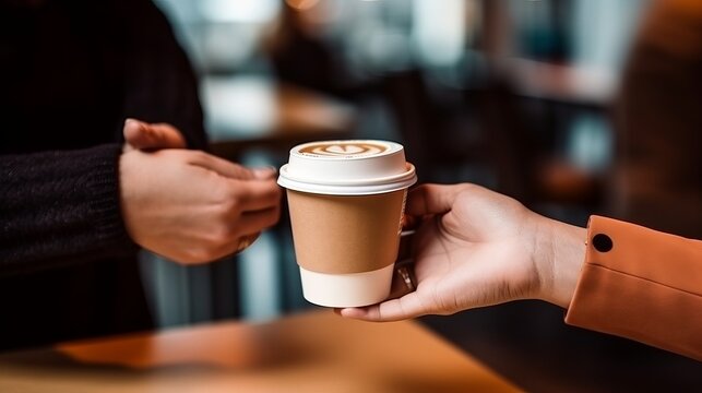 Takeaway coffee in a disposable paper cup is passed from hand to hand. An invitation to a date in a coffee shop. Hot drink outside.
Generative AI