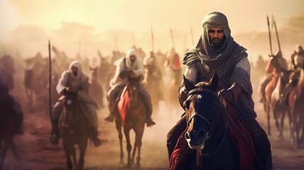 ancient arab background design, moments soldiers arabian before entering the battleground