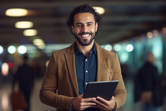 Smiling handsome middle eastern man with tablet in hands standing in office lobby.