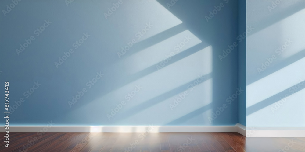 Leinwandbilder blue empty wall and wooden floor with interesting with shadow from the window. interior background f