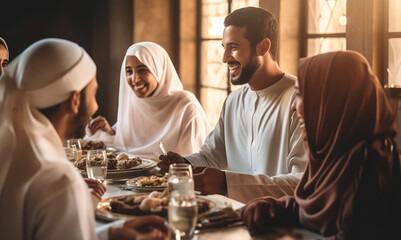 Handsome arabian man talking to cheerful multicultural muslim family during dinner.