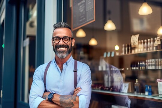  Smiling Small Business Male Owner in Front of Modern Barber Storefront