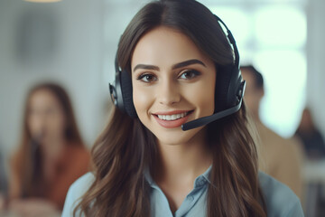 Smiling businesswoman or helpline operator with headset talking to customer at call center office. - obrazy, fototapety, plakaty