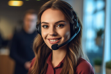 Smiling businesswoman or helpline operator with headset at call center. - obrazy, fototapety, plakaty