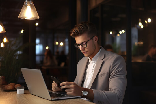Handsome male entrepreneur with working with laptop and smartphone at cafe.