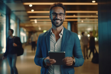 Smiling handsome middle eastern man with tablet standing in office lobby.