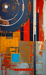 Constructivist abstract art style cover design with circles and line patterns in a grungy rust metal paint effect.