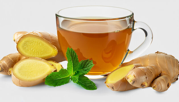 Glass cup of hot ginger tea with ginger rhizome (root) sliced and mint leaf isolated on white background.