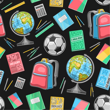 Vector School Seamless Pattern, decorative repeat background with illustrations of school accessories for wrapping paper, collection of flat lay school stationary on dark background for notebook cover